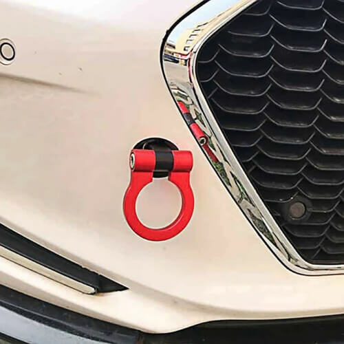 Racing red tow hook on a vehicle