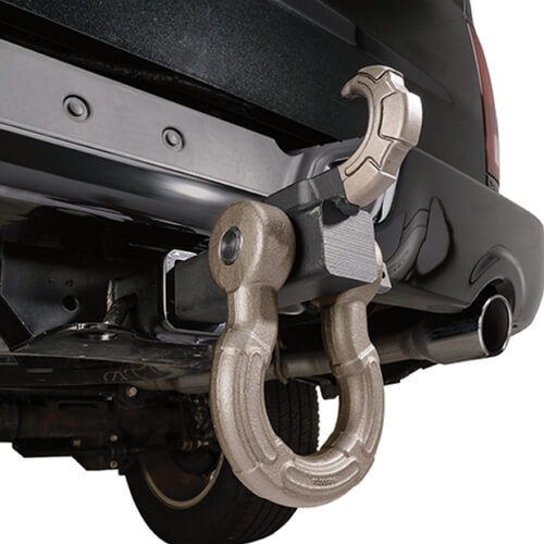 Vehicle with a hitch-mounted steel tow hook