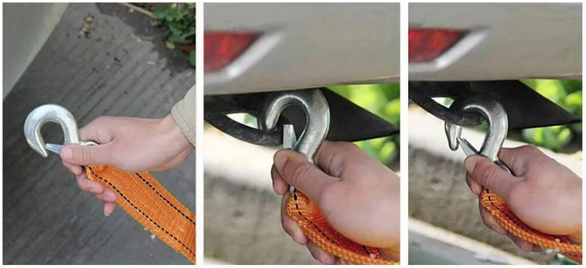 Instruction how to attach a tow hook with strap to a car
